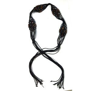Boho Macrame Bead & Tassel Belt Brown Leather 70"L Adjustable Accessory